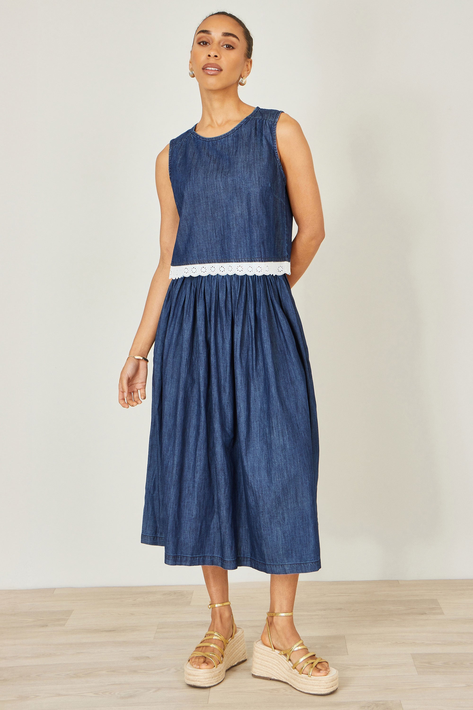Yumi Blue Denim Chambray Gathered Midi Skirt