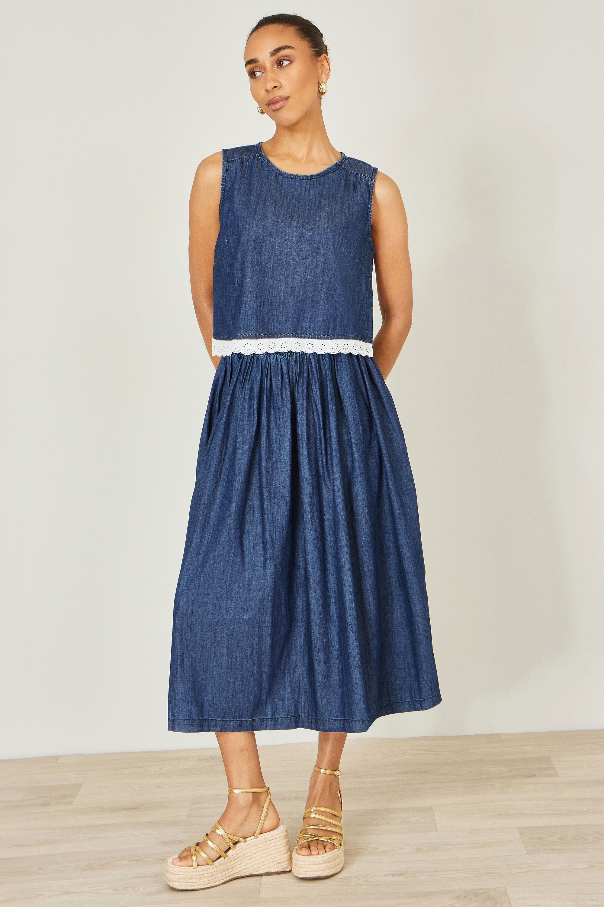 Yumi Blue Denim Chambray Gathered Midi Skirt
