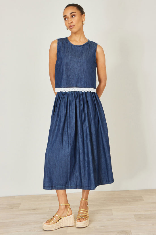 Yumi Blue Denim Chambray Gathered Midi Skirt - QHA UK