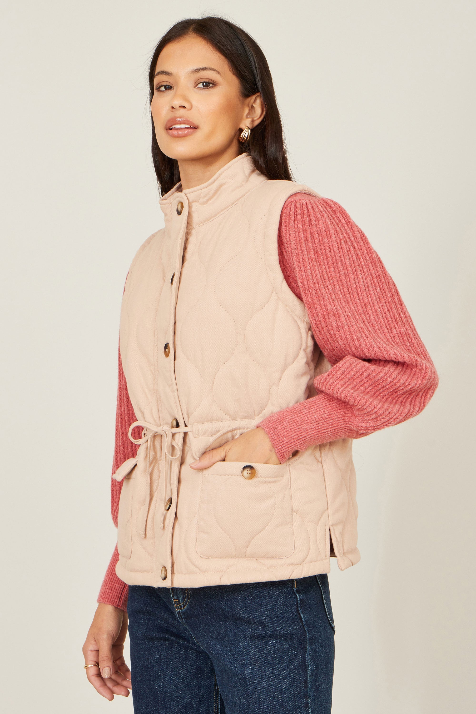 Yumi Beige Quilted Utility Gilet