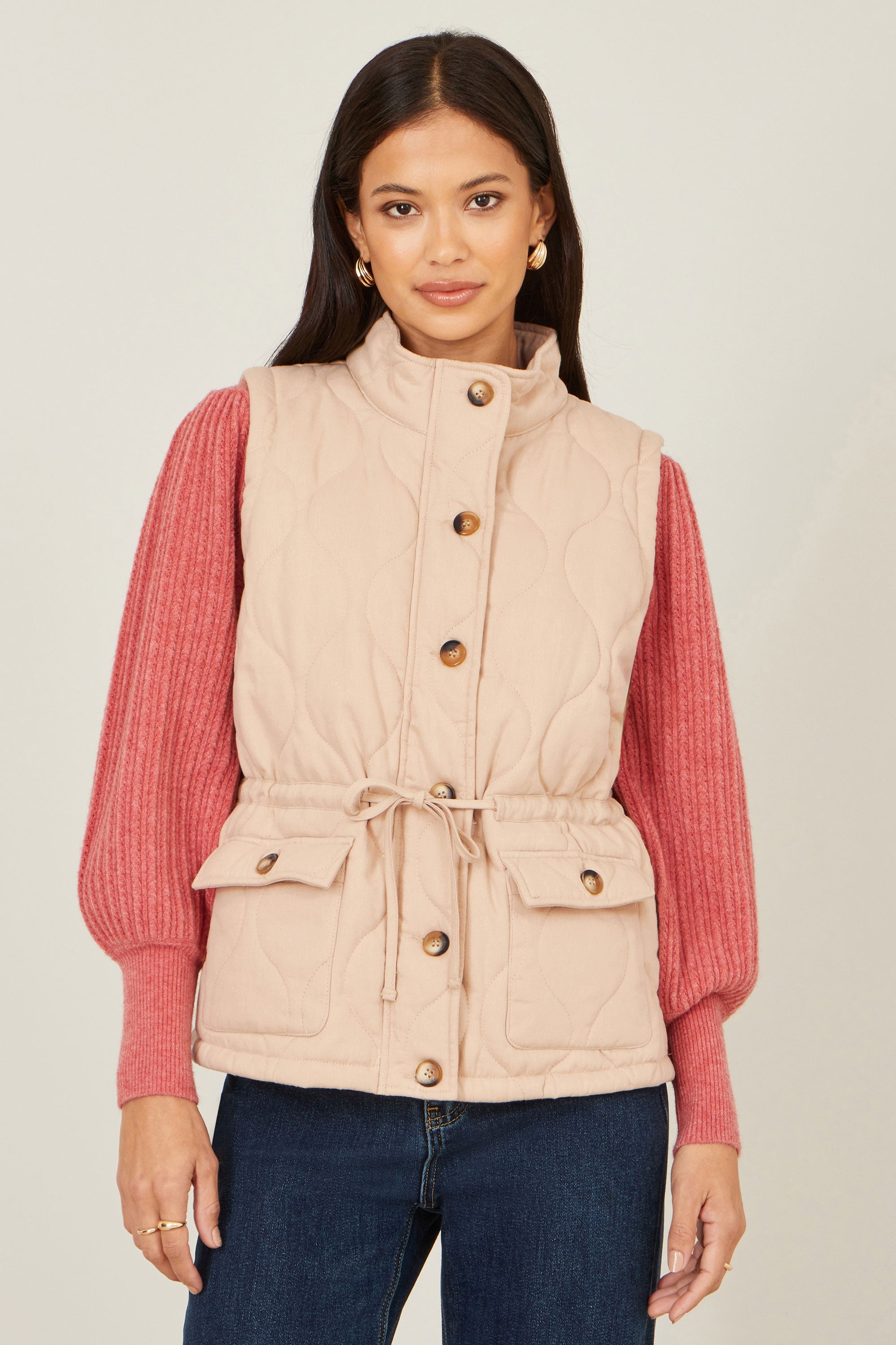 Yumi Beige Quilted Utility Gilet