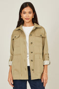 Yumi Green Utility Jacket With Drawstring Waist and Stripe Lining - QHA UK