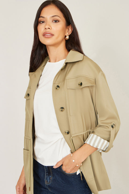 Yumi Green Utility Jacket With Drawstring Waist and Stripe Lining - QHA UK