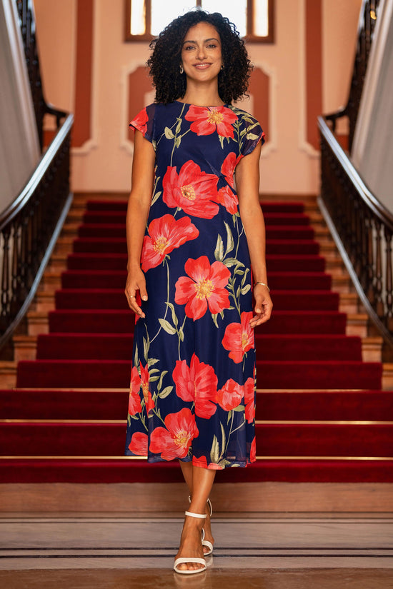 Yumi Navy Poppy Print Midi Mesh Dress - QHA UK