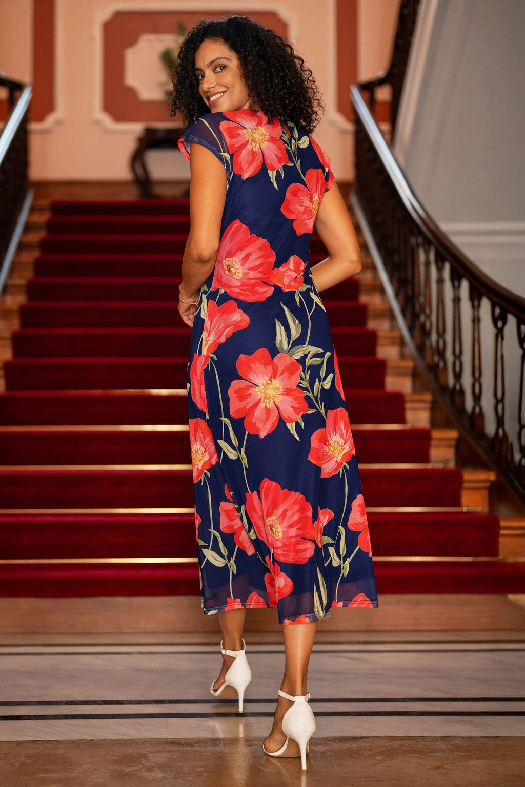 Yumi Navy Poppy Print Midi Mesh Dress - QHA UK