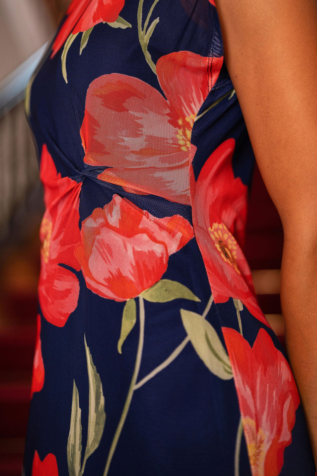 Yumi Navy Poppy Print Midi Mesh Dress - QHA UK