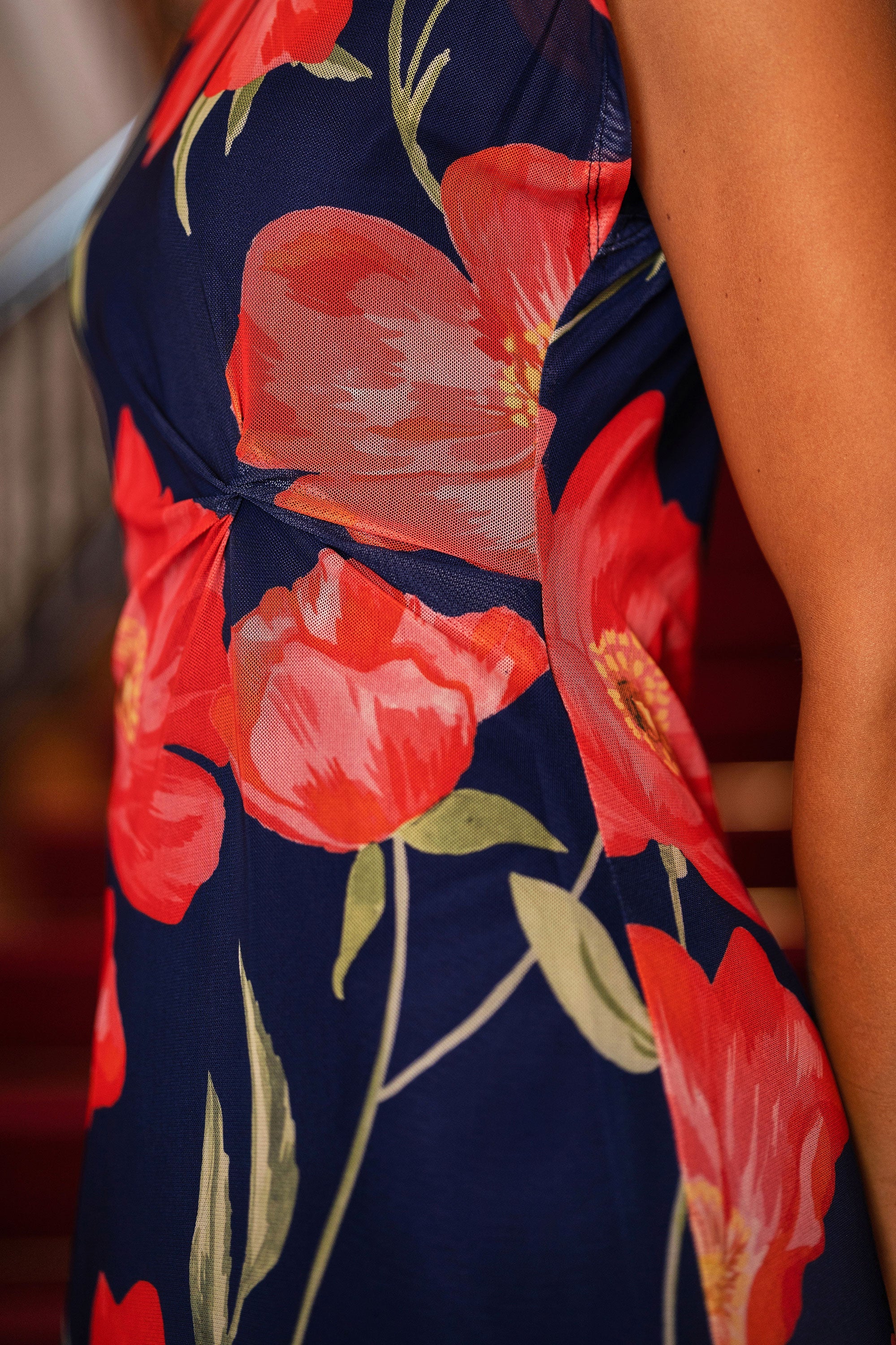 Yumi Navy Poppy Print Midi Mesh Dress - QHA UK