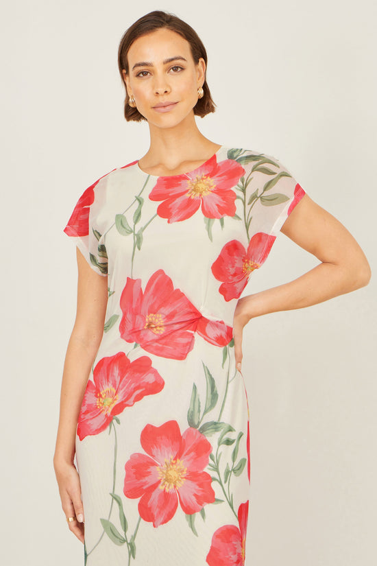 Yumi Ivory Poppy Print Midi Mesh Dress - QHA UK