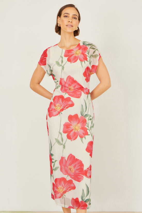 Yumi Ivory Poppy Print Midi Mesh Dress - QHA UK
