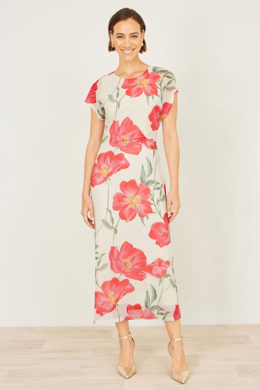 Yumi Ivory Poppy Print Midi Mesh Dress