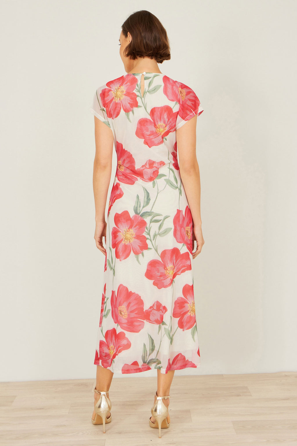 Yumi Ivory Poppy Print Midi Mesh Dress
