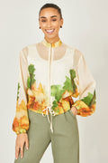 Yumi Beige Printed Lightweight Modal Bomber Jacket - QHA UK
