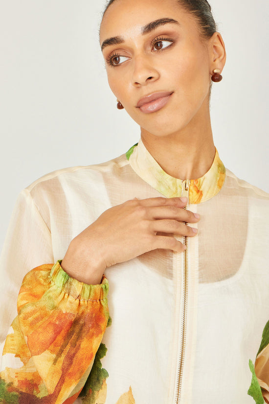 Yumi Beige Printed Lightweight Modal Bomber Jacket - QHA UK