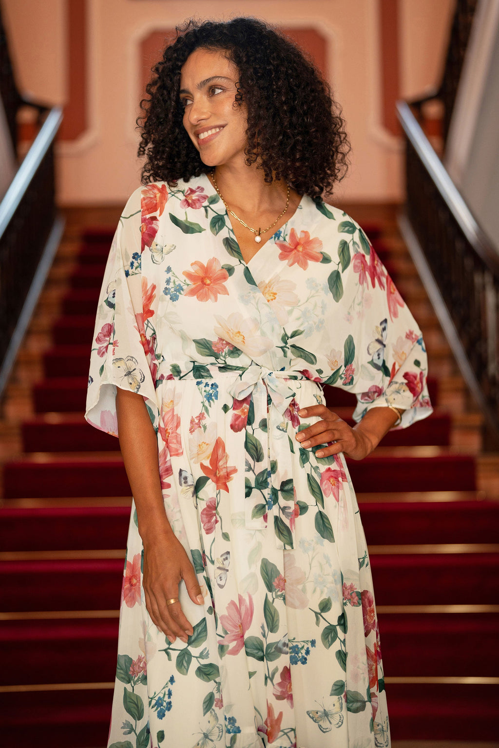 Yumi Ivory Floral Print Wrap Midi Dress With Dipped Hem