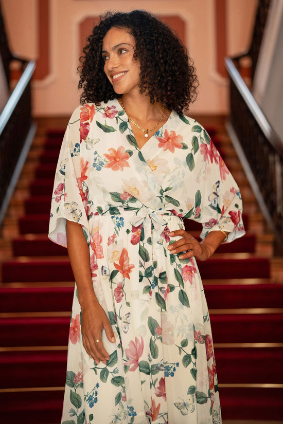 Yumi Ivory Floral Print Wrap Midi Dress With Dipped Hem - QHA UK