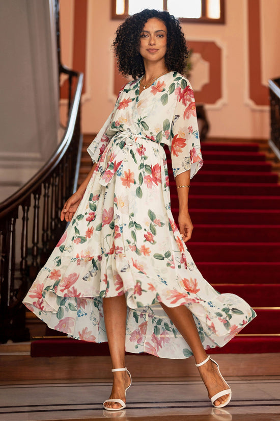 Yumi Ivory Floral Print Wrap Midi Dress With Dipped Hem - QHA UK