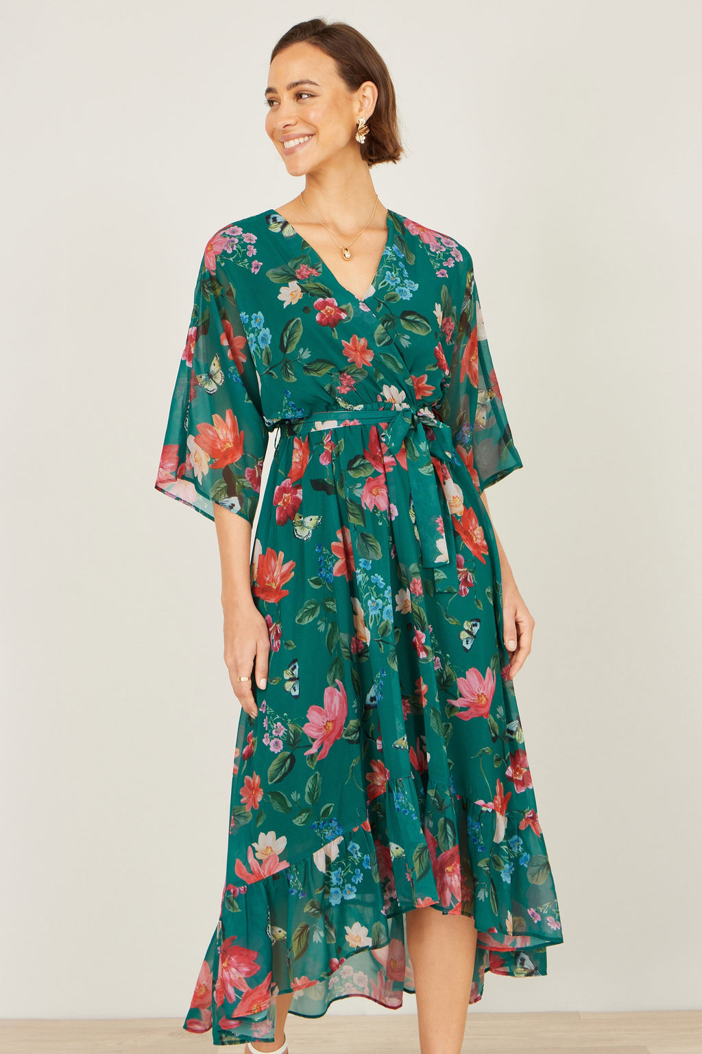 Yumi Green Floral Kimono Wrap Dress With Dip Hem - QHA UK
