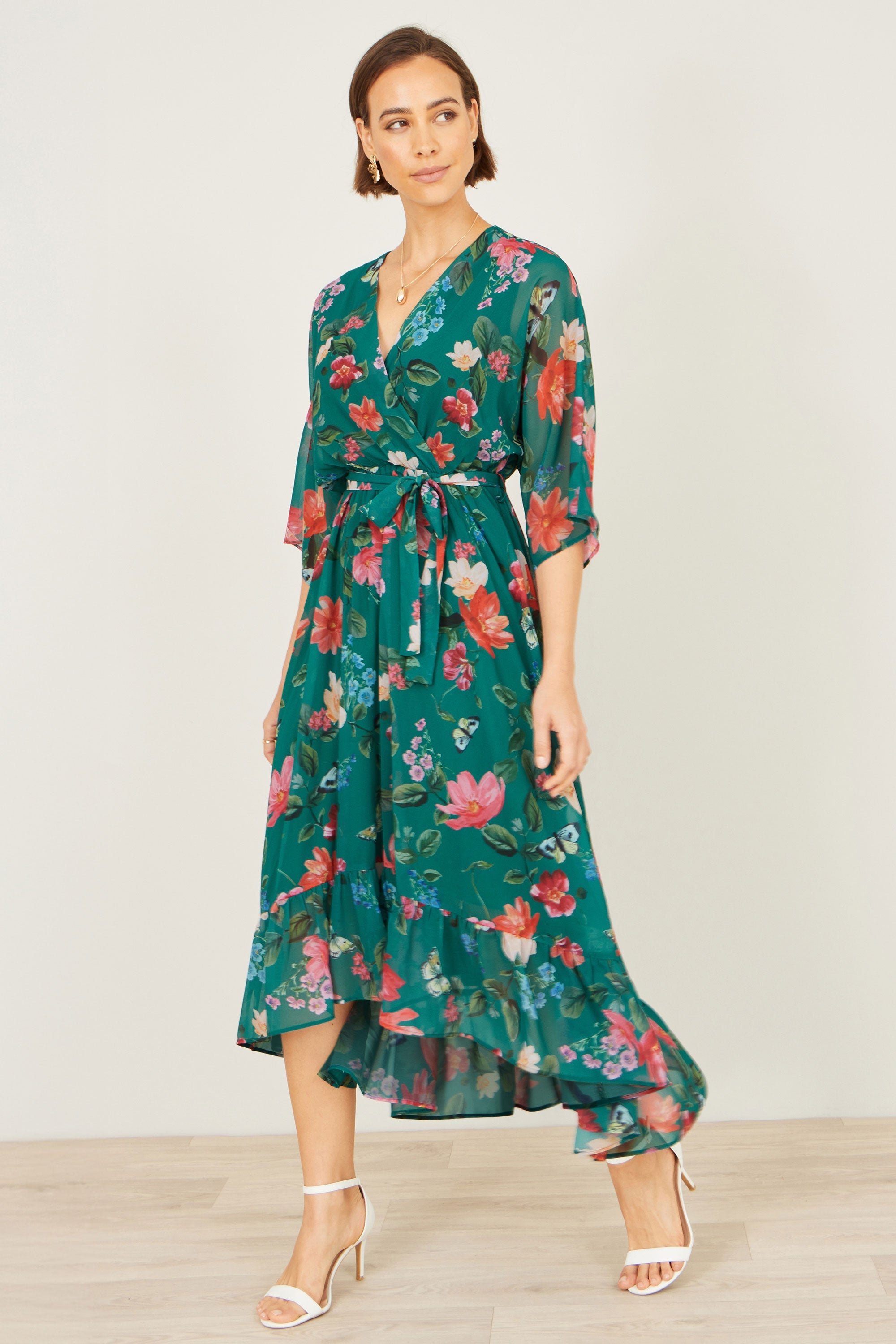 Yumi Green Floral Kimono Wrap Dress With Dip Hem - QHA UK