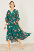 Yumi Green Floral Kimono Wrap Dress With Dip Hem - QHA UK