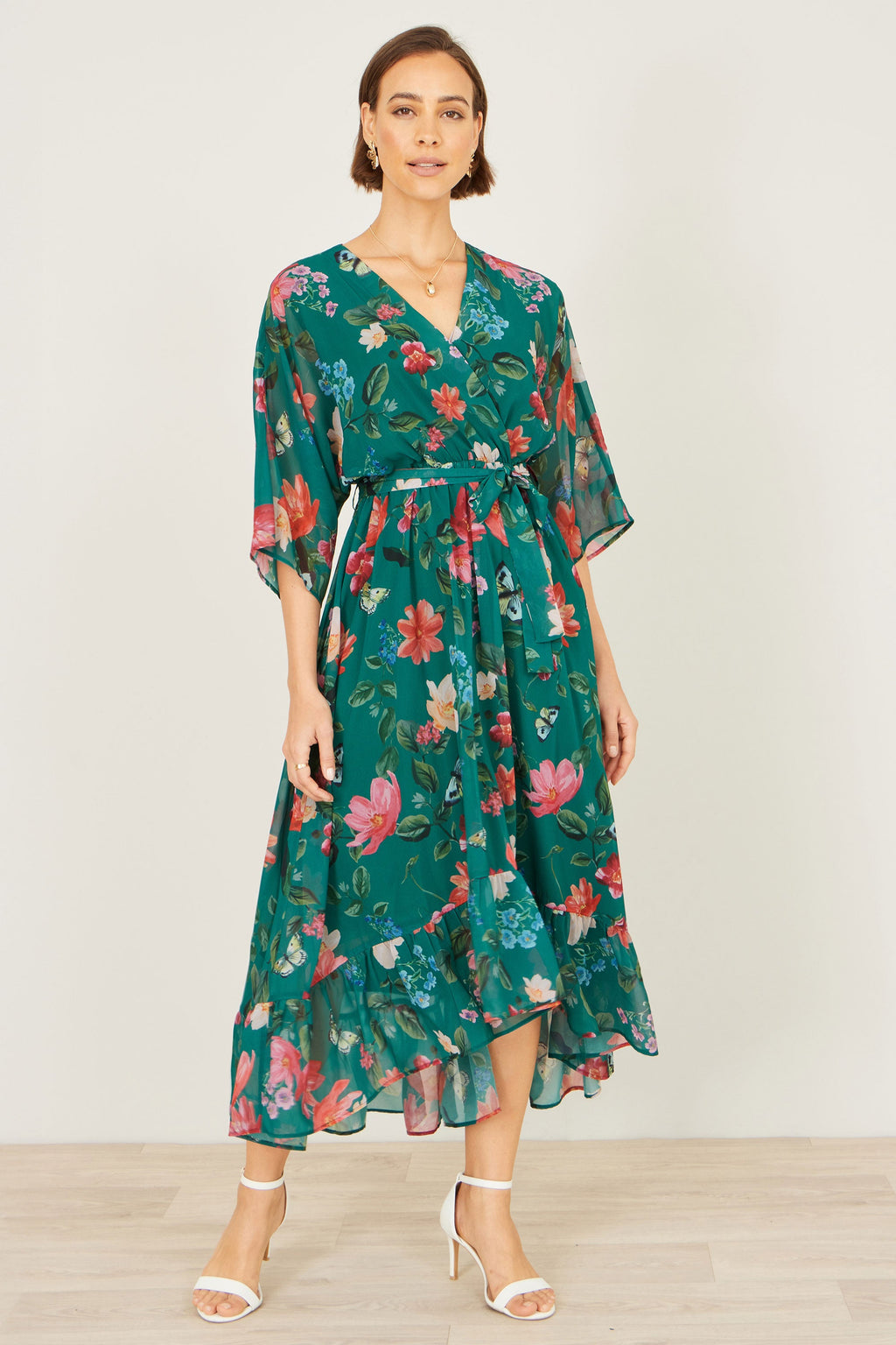 Yumi Green Floral Kimono Wrap Dress With Dip Hem - QHA UK