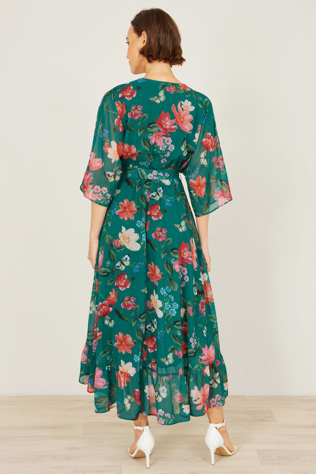 Yumi Green Floral Kimono Wrap Dress With Dip Hem - QHA UK
