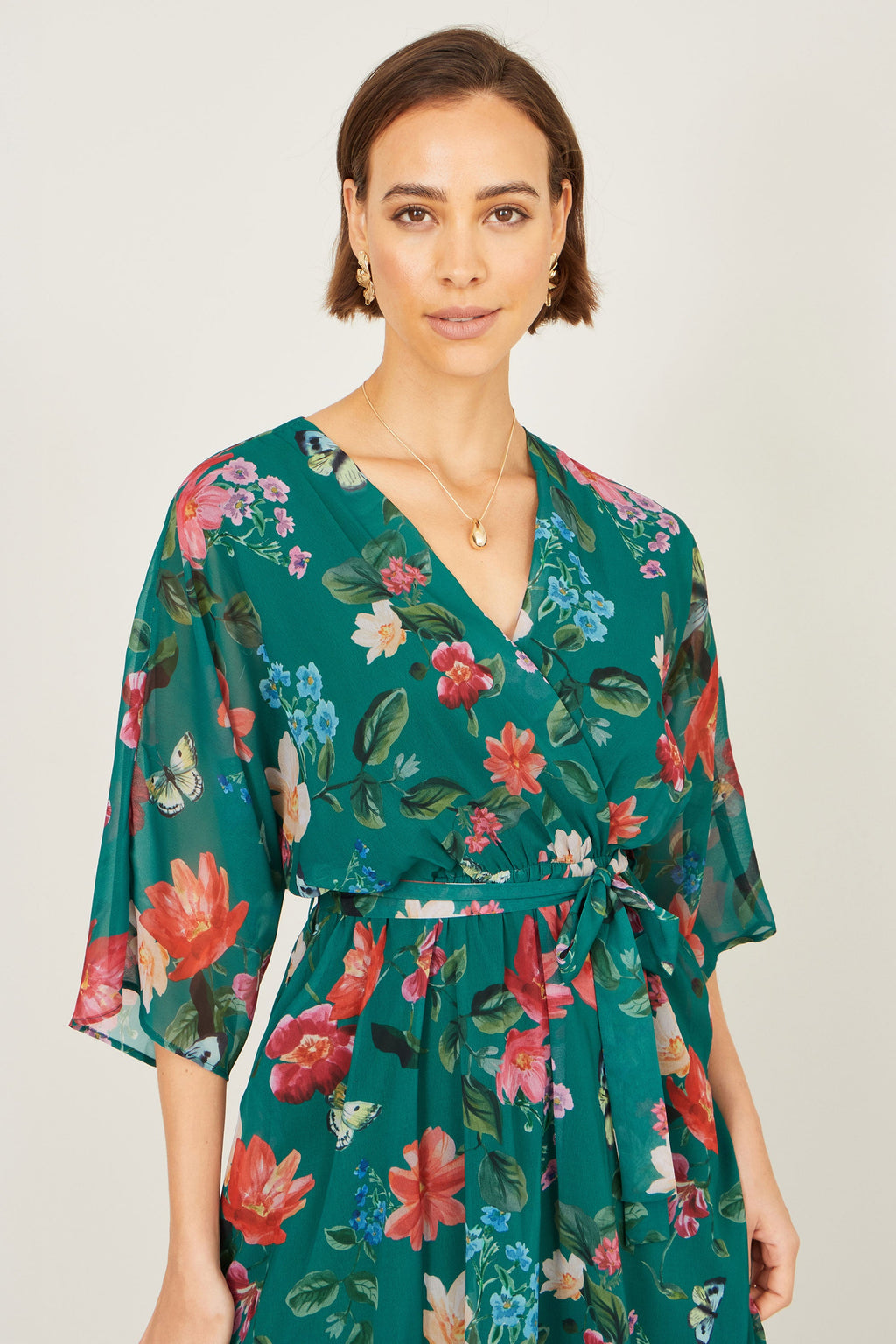 Yumi Green Floral Kimono Wrap Dress With Dip Hem - QHA UK