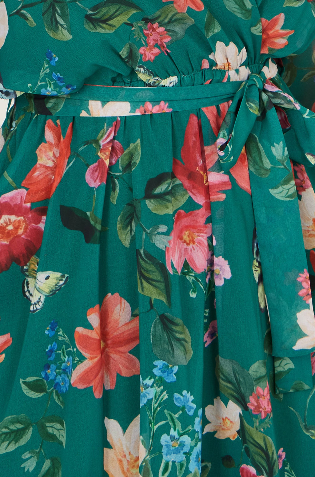 Yumi Green Floral Kimono Wrap Dress With Dip Hem - QHA UK