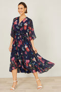 Yumi Navy Floral Kimono Wrap Dress With Dip Hem - QHA UK