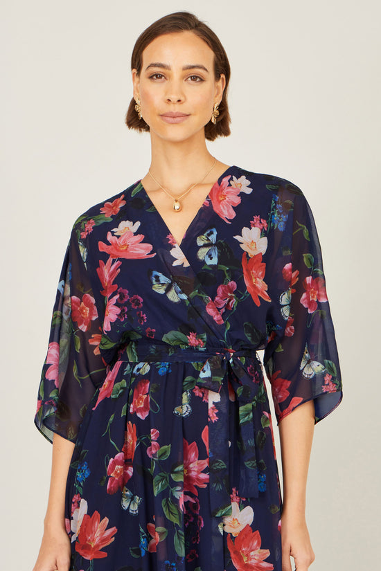 Yumi Navy Floral Kimono Wrap Dress With Dip Hem - QHA UK