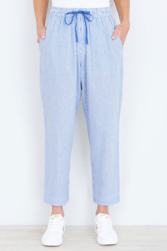 Yumi Blue Cotton Stripe Cropped Trousers - QHA UK