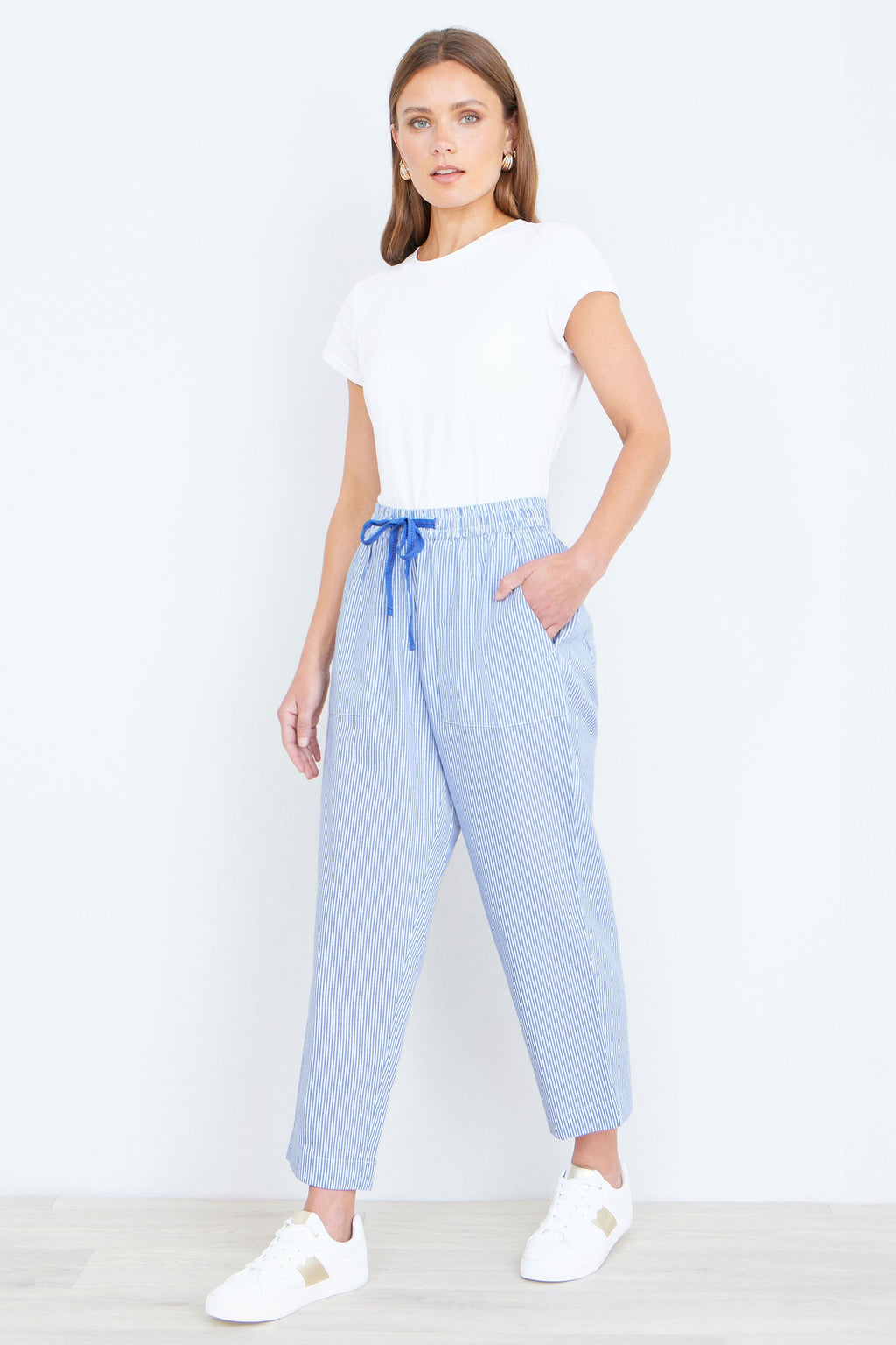 Yumi Blue Cotton Stripe Cropped Trousers