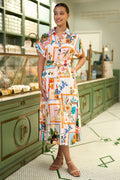 Yumi Ivory Tropical Postcard Print Relaxed Midi Shirt Dress - QHA UK
