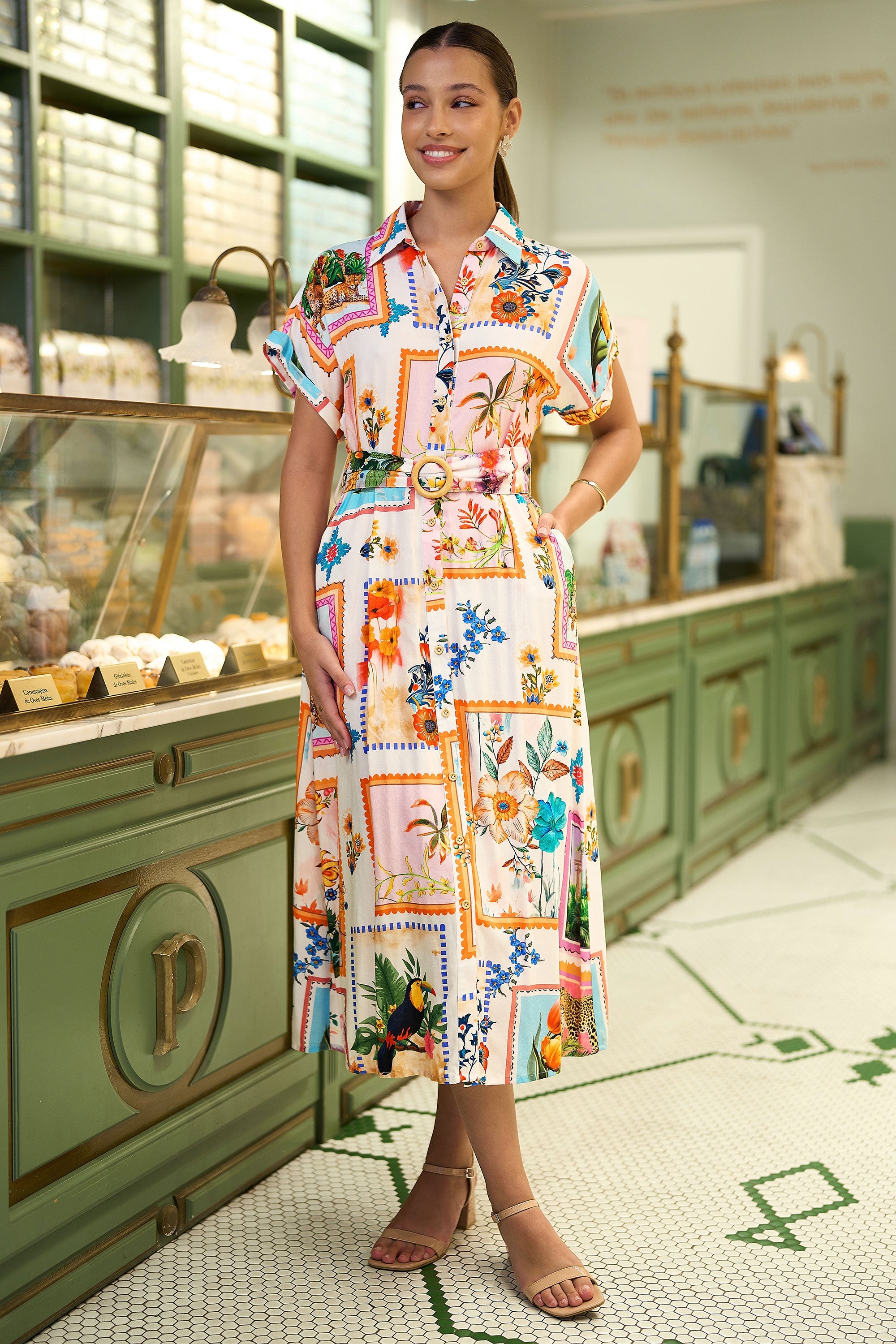Yumi Ivory Tropical Postcard Print Relaxed Midi Shirt Dress - QHA UK