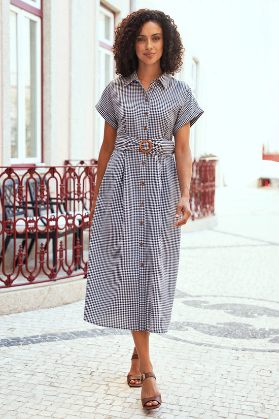Yumi Black Gingham Relaxed Shirt Dress With Matching Belt - QHA UK