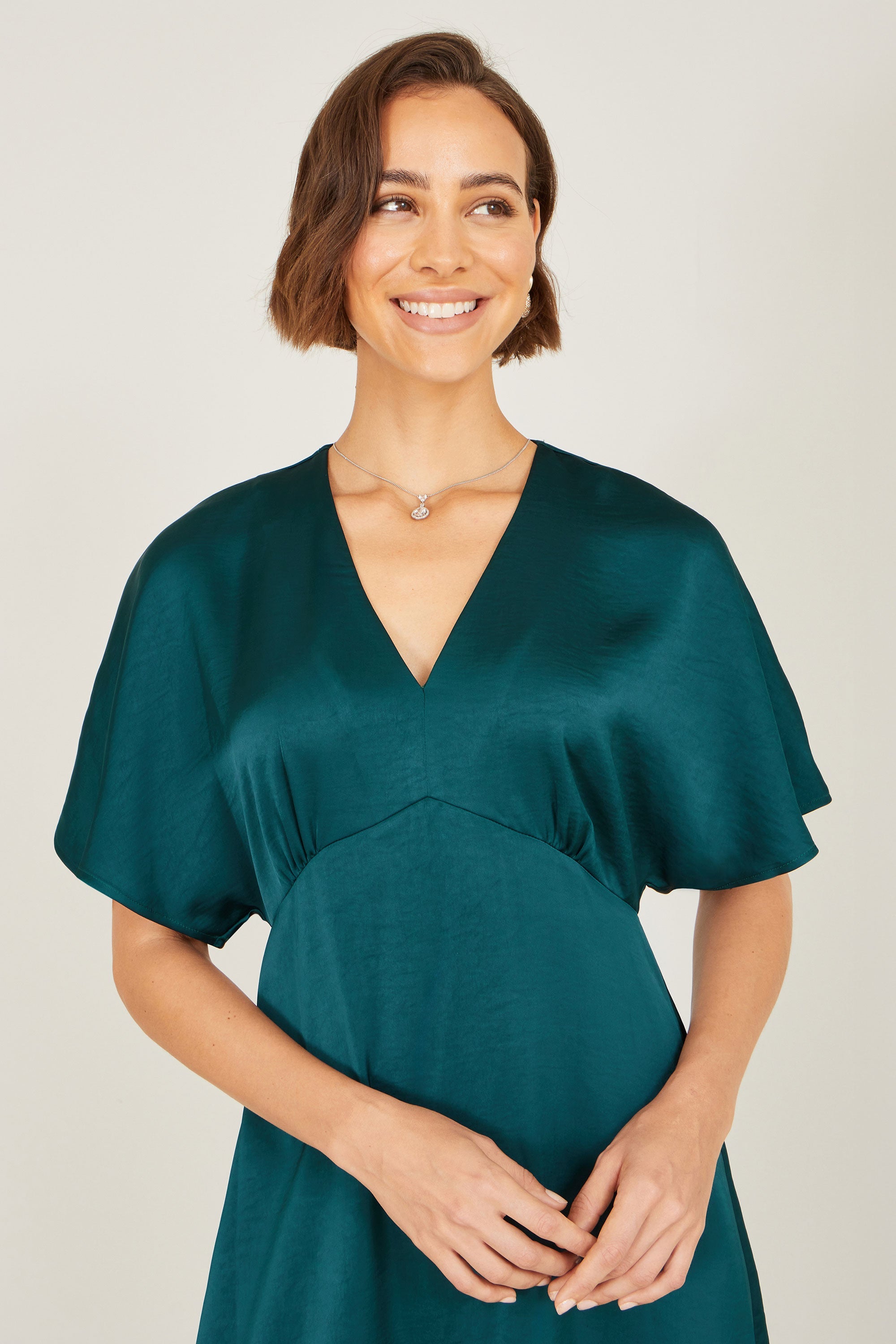 Yumi Green Satin Midi Kimono Dress - QHA UK