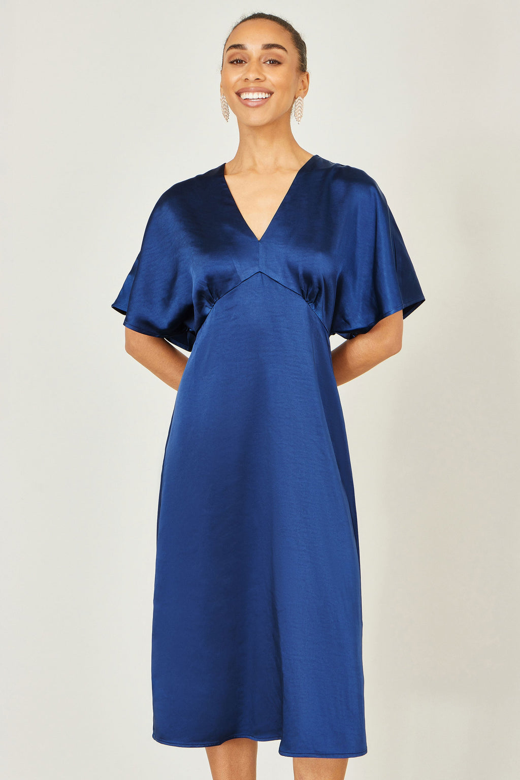 Yumi Navy Satin Midi Kimono Dress - QHA UK