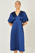 Yumi Navy Satin Midi Kimono Dress - QHA UK