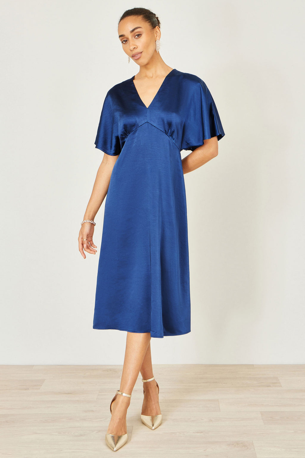 Yumi Navy Satin Midi Kimono Dress - QHA UK