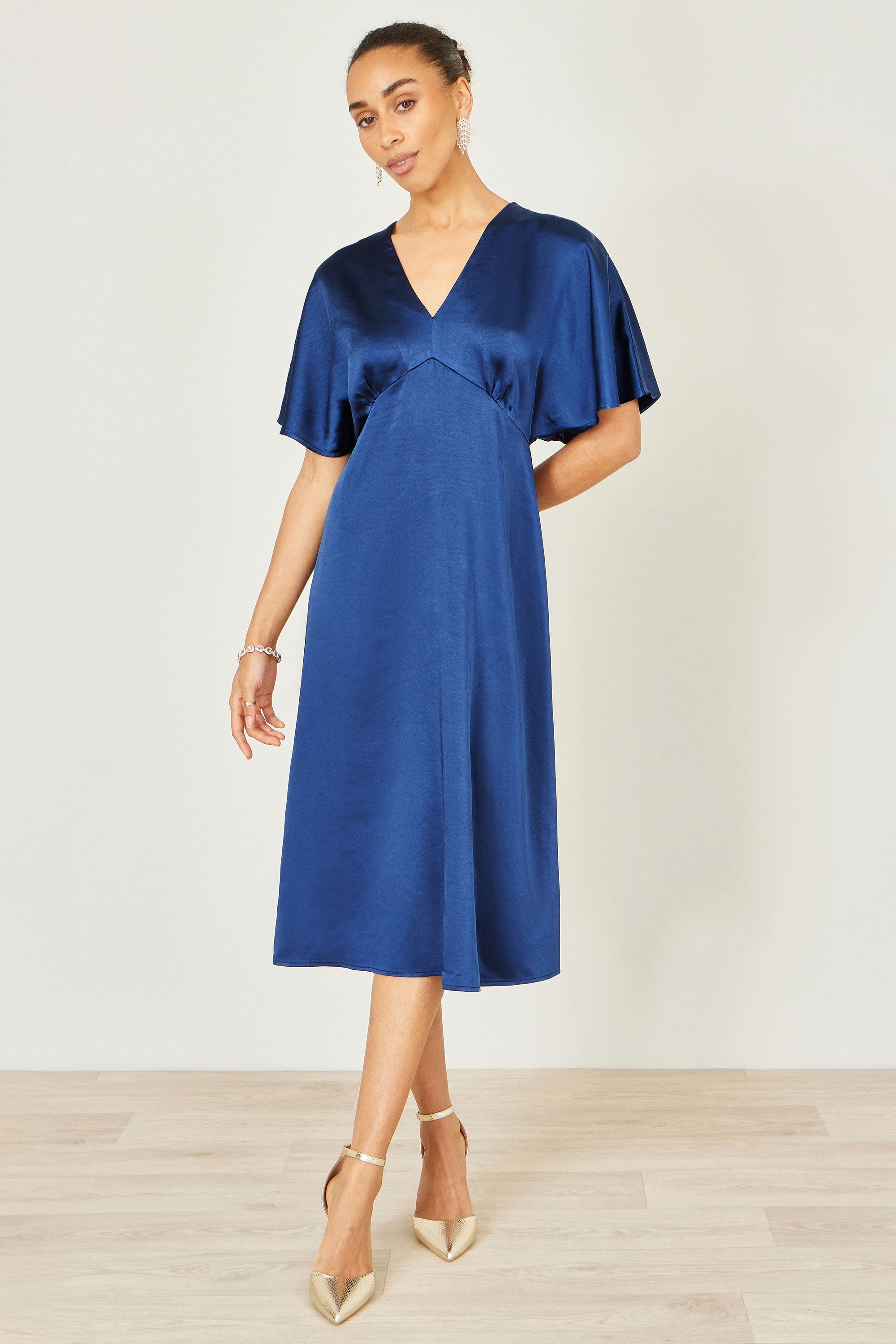 Yumi Navy Satin Midi Kimono Dress - QHA UK