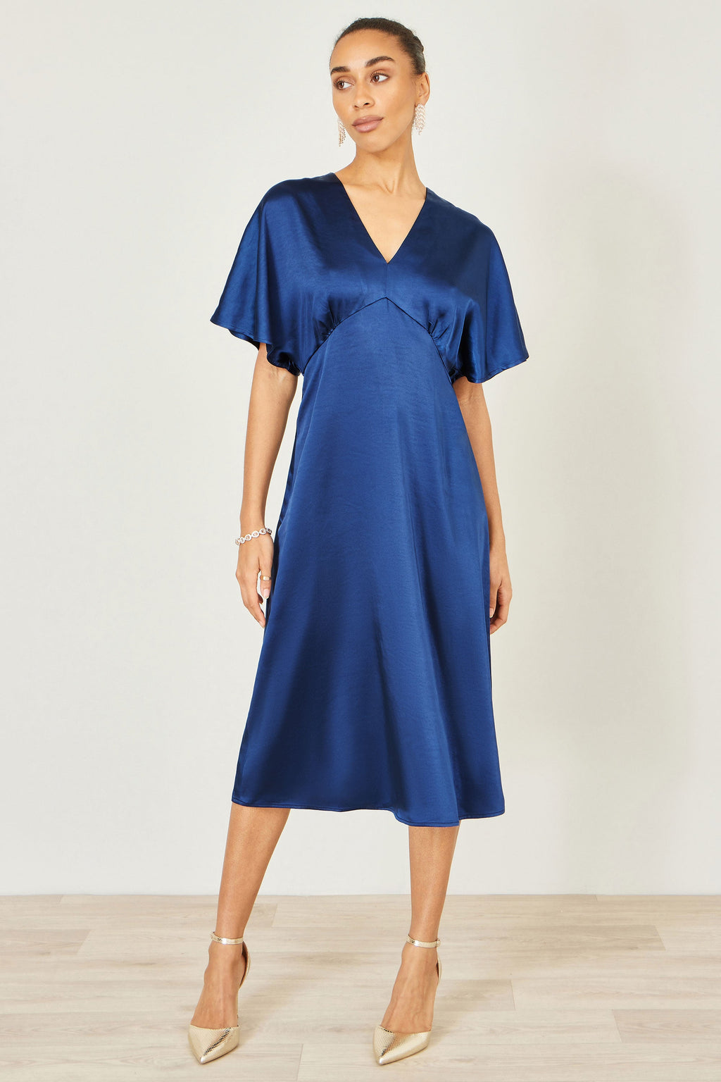 Yumi Navy Satin Midi Kimono Dress - QHA UK