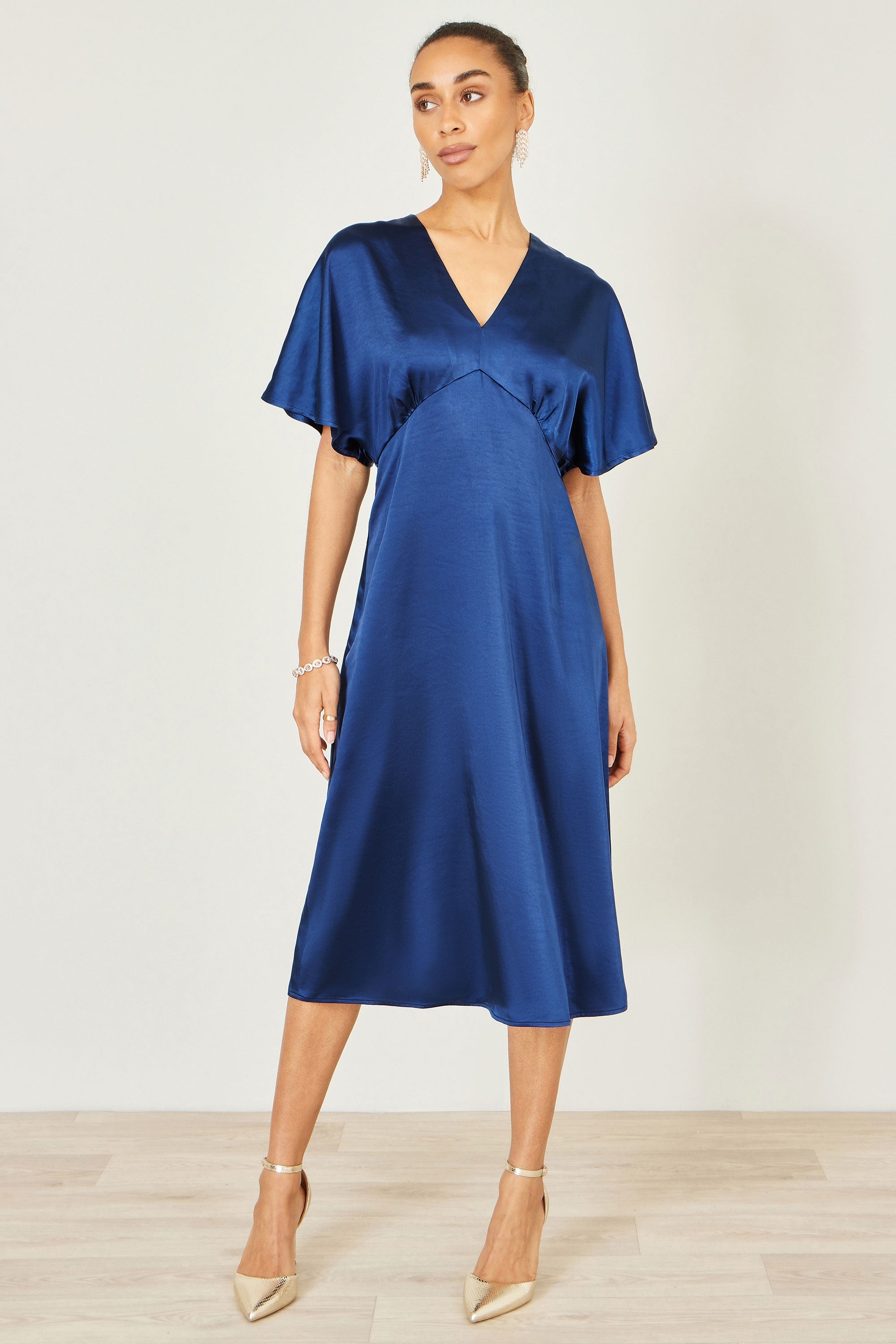 Yumi Navy Satin Midi Kimono Dress - QHA UK