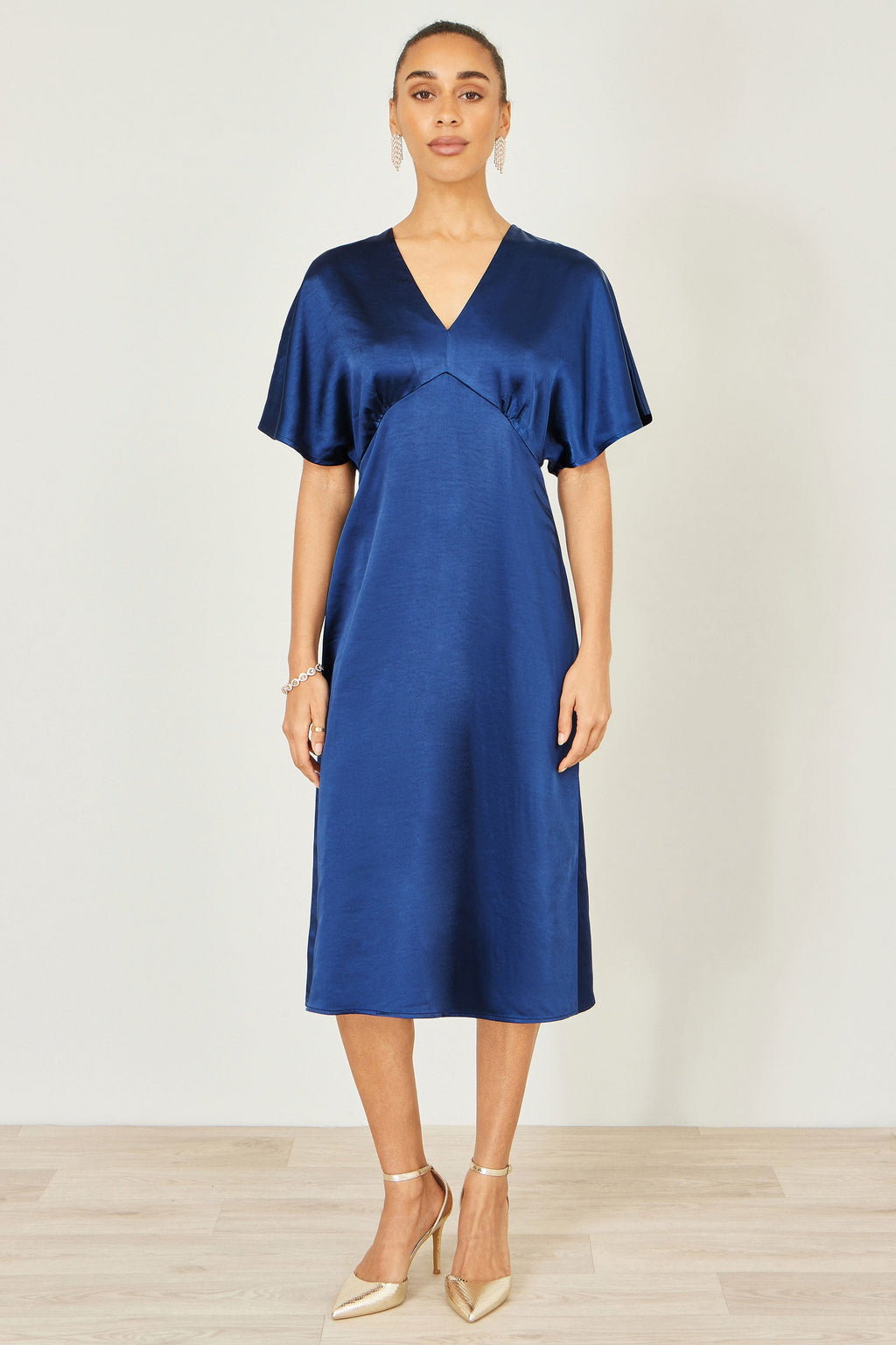 Yumi Navy Satin Midi Kimono Dress - QHA UK