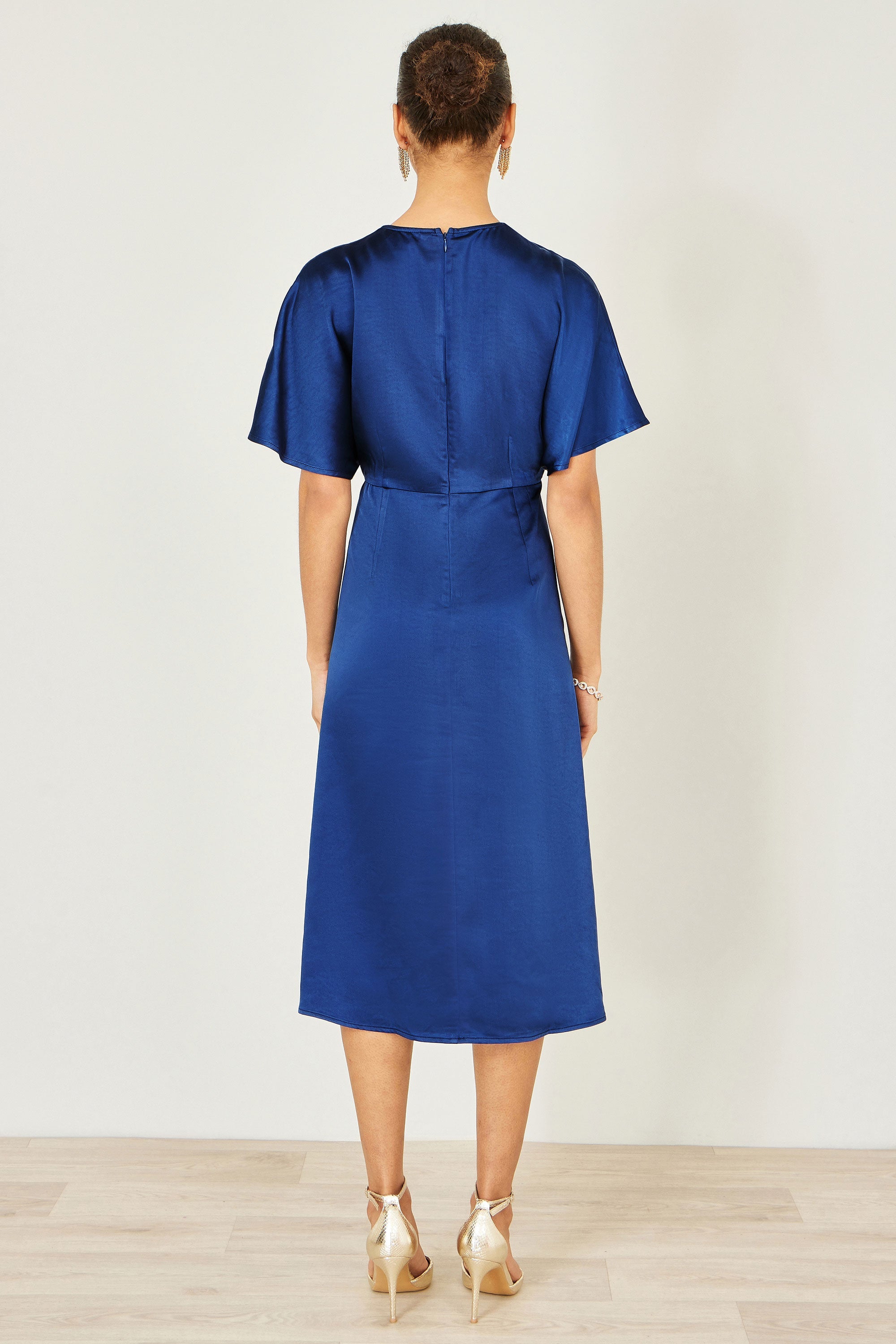 Yumi Navy Satin Midi Kimono Dress - QHA UK