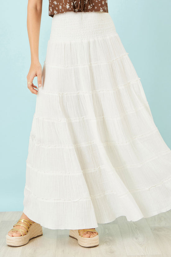 Yumi White Double Cotton Tiered Boho Maxi Skirt - QHA UK
