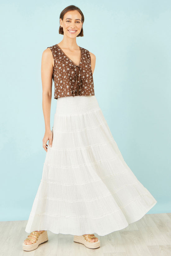 Yumi White Double Cotton Tiered Boho Maxi Skirt - QHA UK