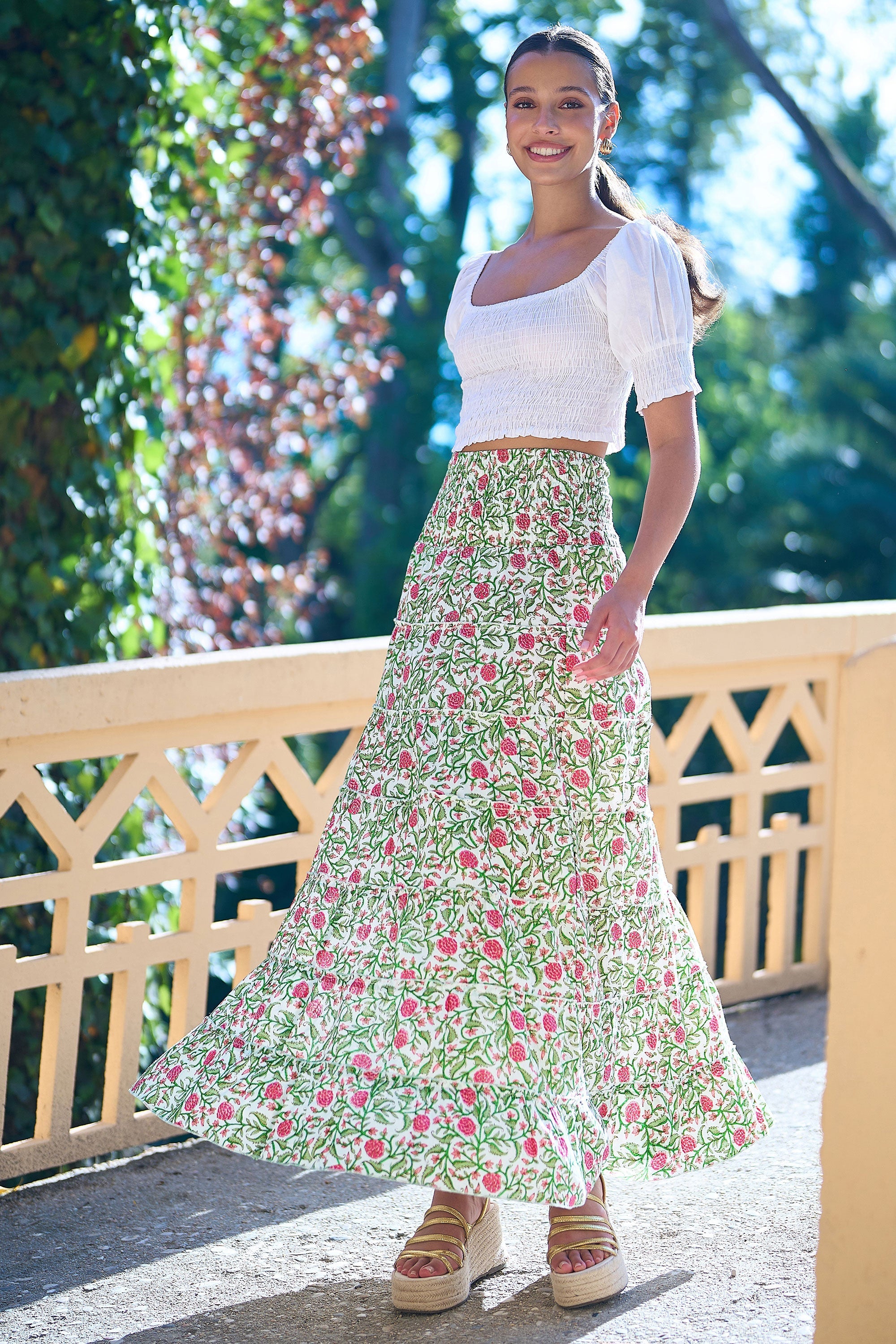 Yumi White Boho Print Cotton Floral Maxi Skirt