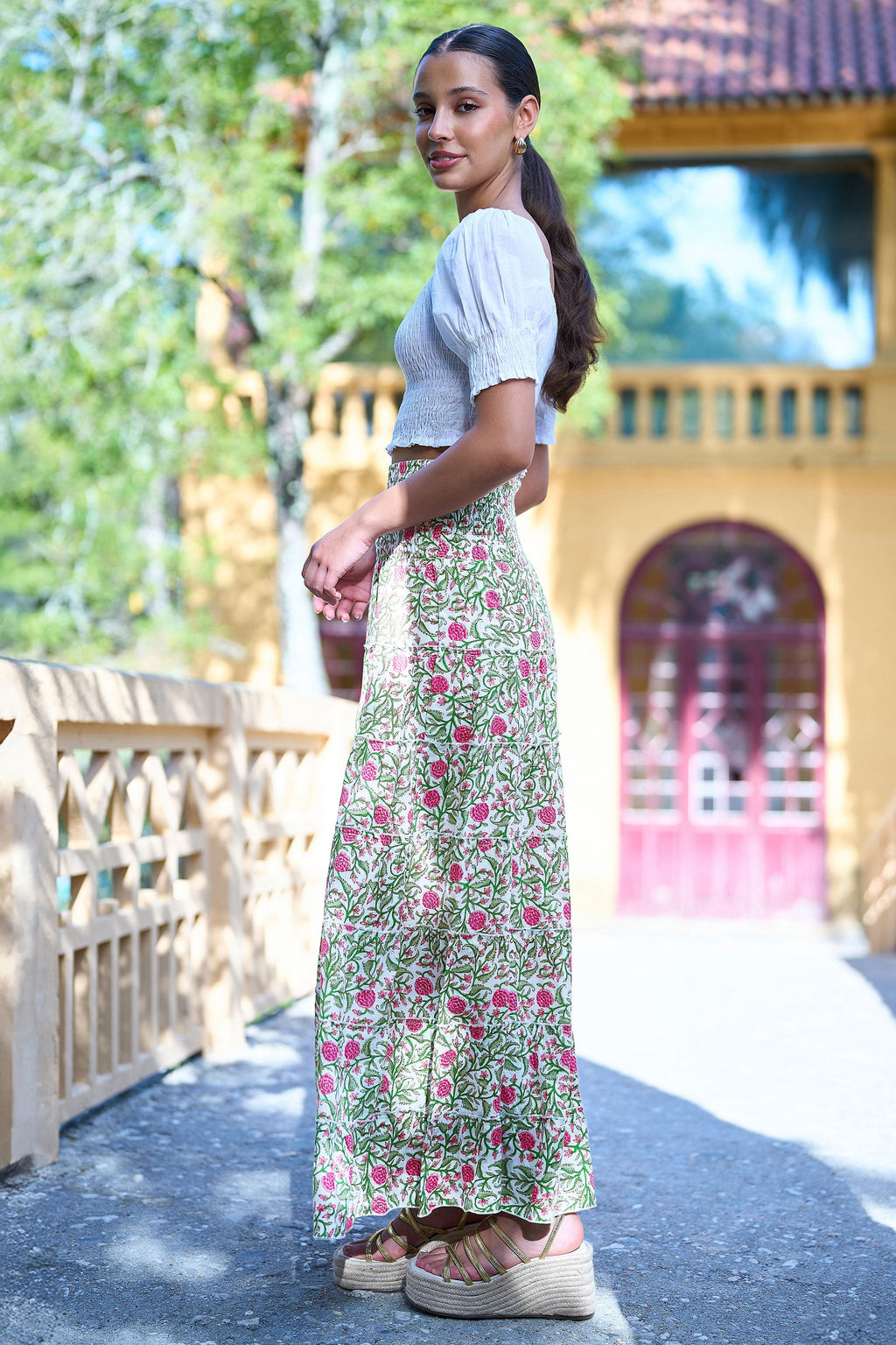 Yumi White Boho Print Cotton Floral Maxi Skirt - QHA UK