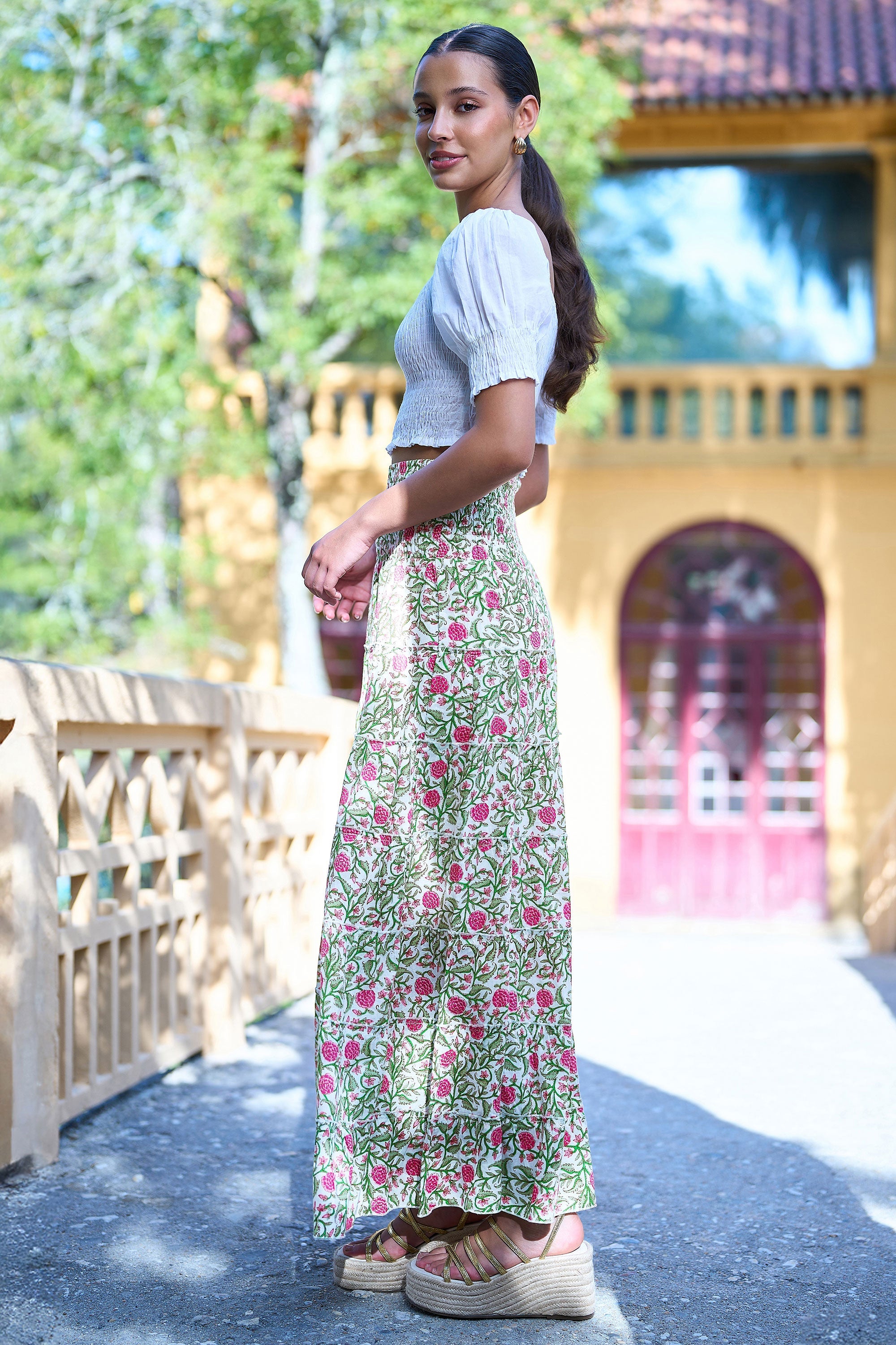 Yumi White Boho Print Cotton Floral Maxi Skirt - QHA UK
