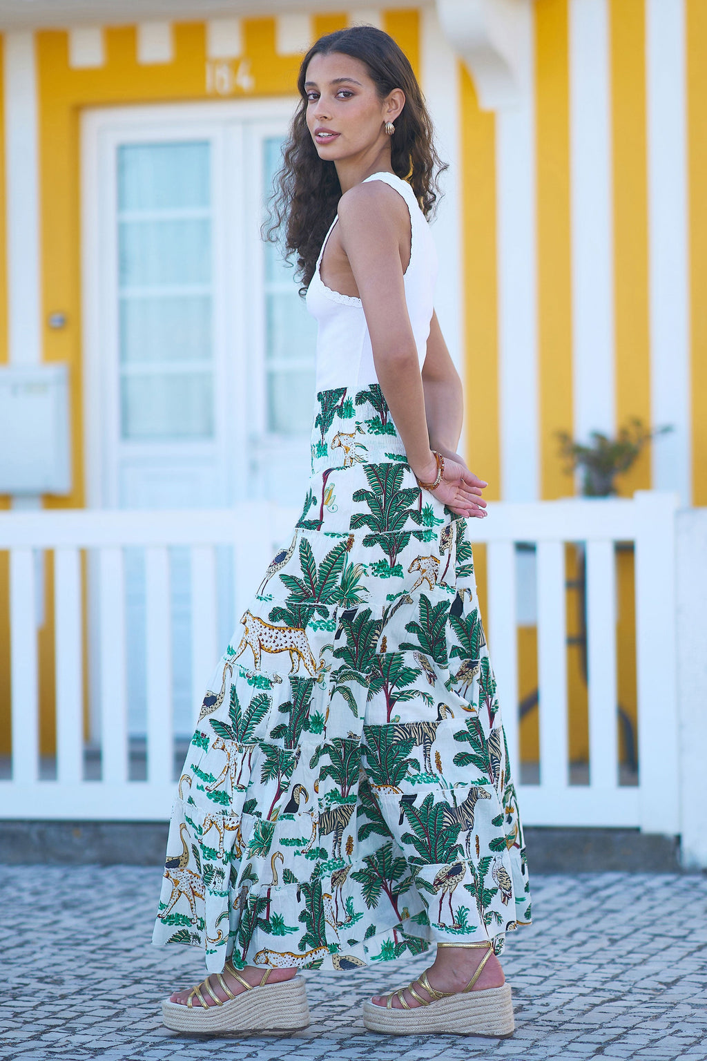Yumi White Animal Print Cotton Tiered Maxi Skirt - QHA UK