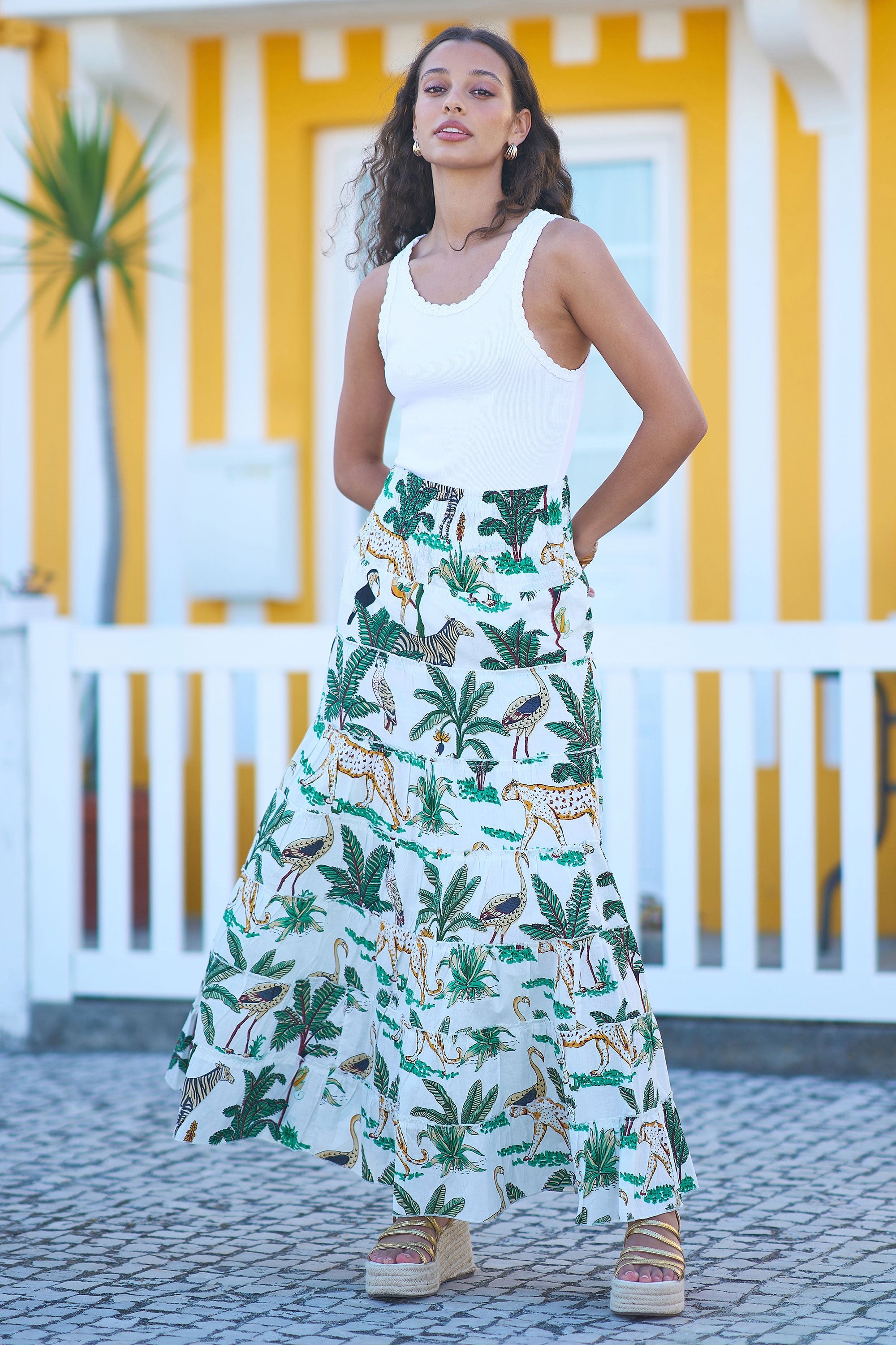Yumi White Animal Print Cotton Tiered Maxi Skirt
